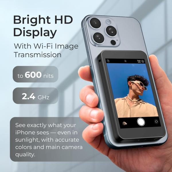 Wireless Vlog Screen Monitor which uses a magnetic clip to attach to smartphones