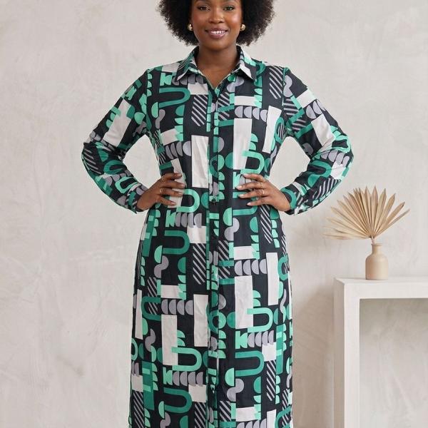 Long-sleeve shirtdress. Gown