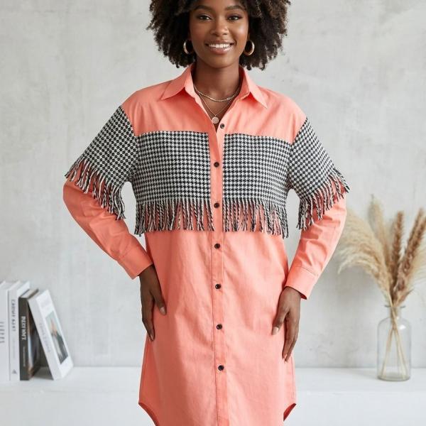 Color block Long Sleeve Button-Down Blouse Gown