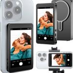 Wireless Vlog Screen Monitor which uses a magnetic clip to attach to smartphones