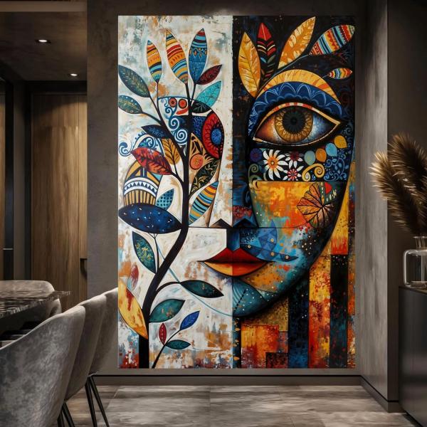 Guardian of the Roots: Vibrant Tribal Mask Canvas Art