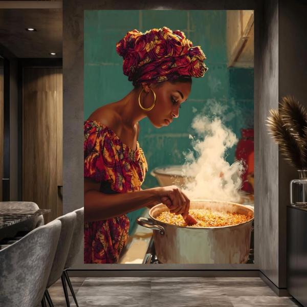 African Woman Cooking Jollof Rice Art Print, Traditional African Kitchen, Outdoor Village Scene