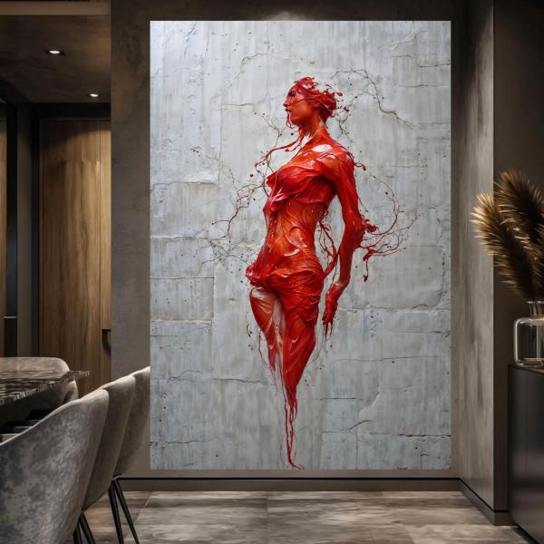 The Crimson Awakening: Abstract Red Woman Wall Art
