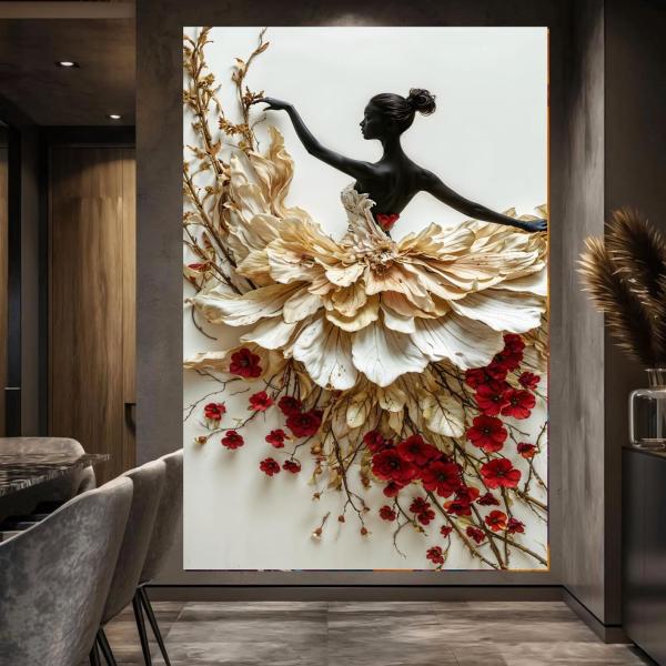 Floral Enchantment: 3D Textured Ballerina Canvas Wall Art