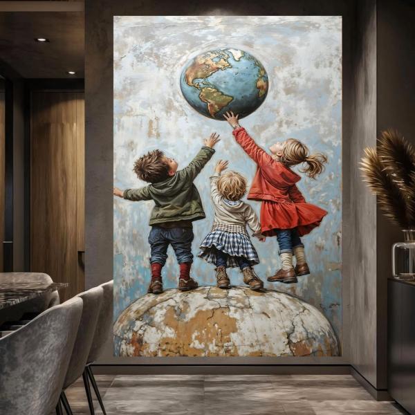 The World Seekers: Inspirational Children & Globe Canvas Art