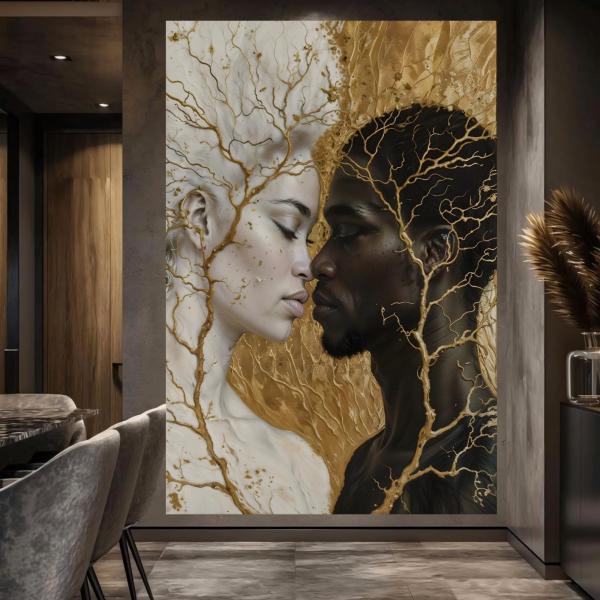 Entwined Spirits: Abstract Black Couple with Gold Tree Wall Art