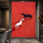 Momentum & Grace: Black and White Horses on Crimson Sand Wall Art