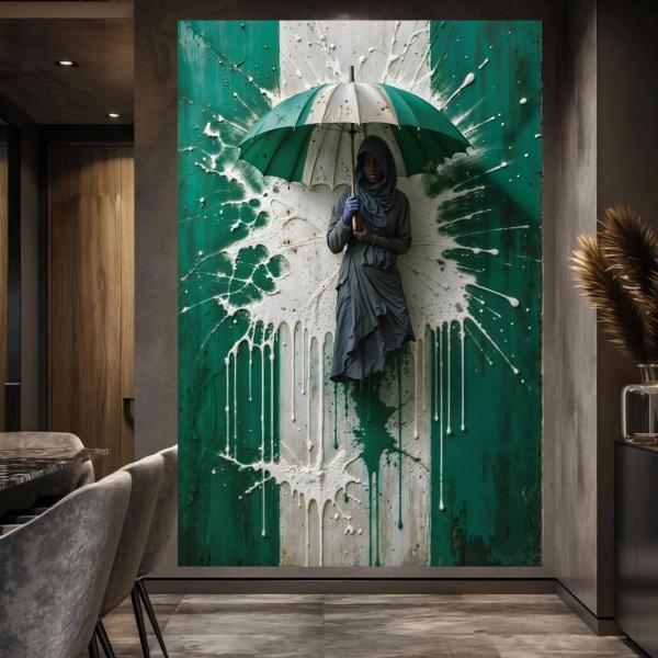 Unity Under the Shield: 3D Nigeria Flag & Hooded Figure Canvas Art