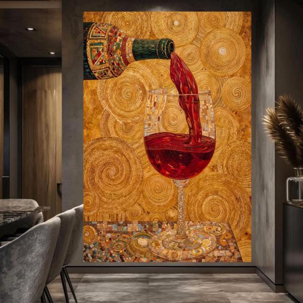 The Gilded Chalice: Abstract Mosaic Wine Glass Wall Mural