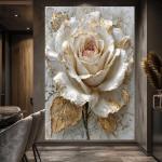 The Gilded Muse: 3D Textured White Rose Canvas Art
