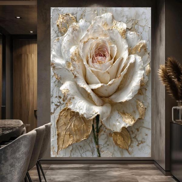 The Gilded Muse: 3D Textured White Rose Canvas Art