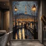 Eiffel Tower Night Scene Painting - Romantic Couple in Paris