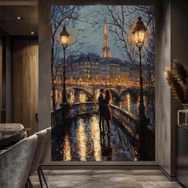 Eiffel Tower Night Scene Painting - Romantic Couple in Paris